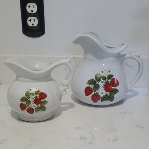 Vintage McCoy White Ceramic Pitcher with Strawberry Design